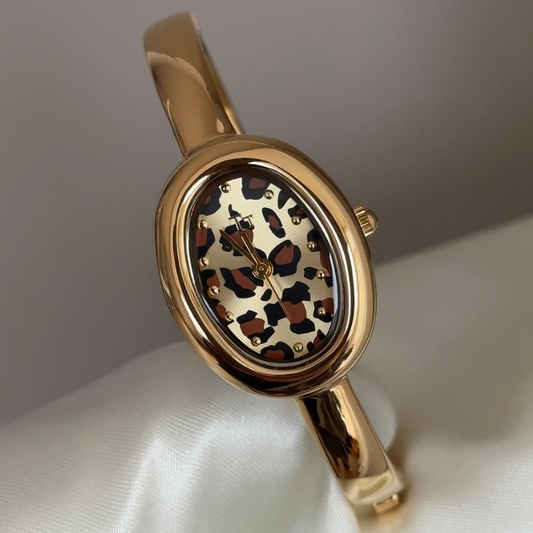 Retro Fashion Leopard Oval Dial Bangle Watch – Gold Alloy Quartz