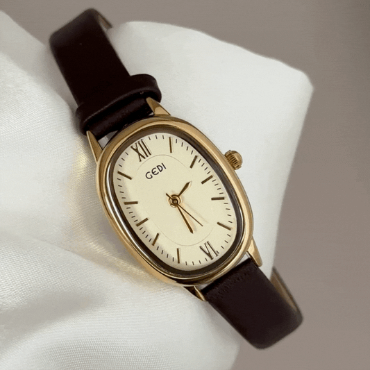Classic Vintage Gold Oval Dial Watch – Brown Vegan Leather Quartz