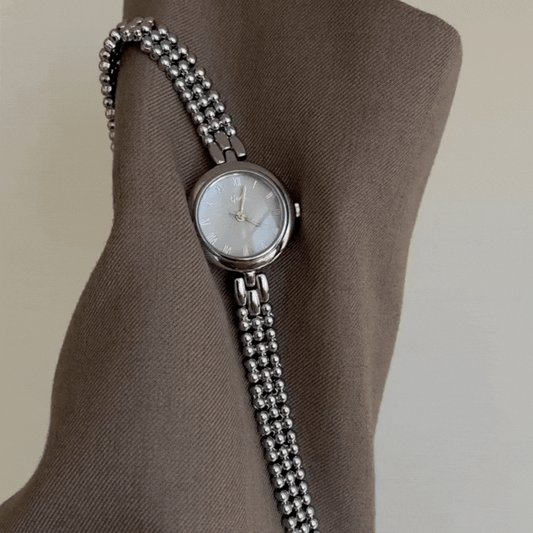 Silver Beaded Bracelet Quartz Watch with Round Grey Dial for Women