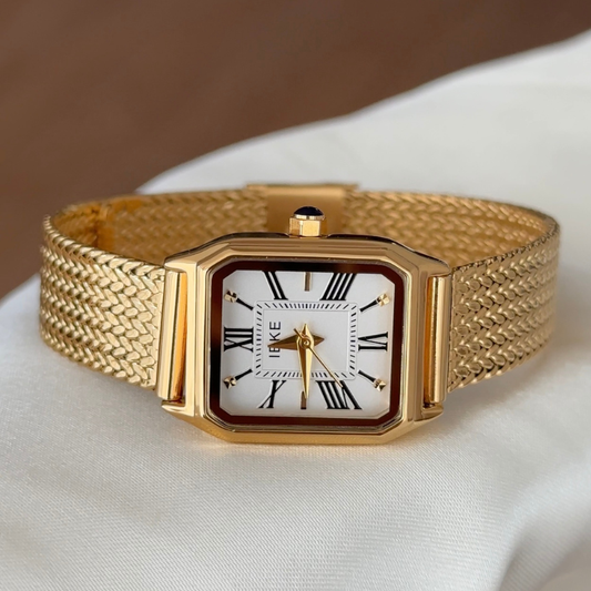 Vintage Literary White Rectangular Dial Gold Wheat-Pattern Quartz Watch