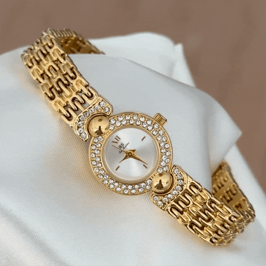 Modern Luxury White Round Dial Gold Diamond Quartz Watch