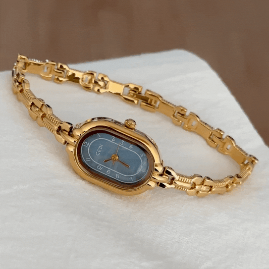 Minimalist Elegant Oval Blue Dial Gold-Tone Alloy Bracelet Quartz Watch