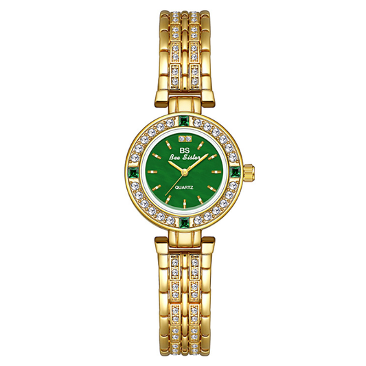 Vintage Green Mother of Pearl Watch with White Gemstone Bezel & Gold-Tone Alloy Strap