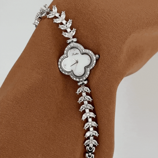 Enchanting White Clover Dial Silver Diamond Watch with Mermaid Bracelet