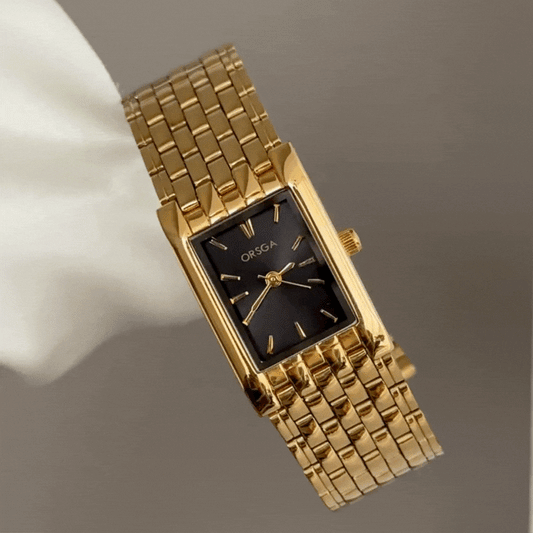 Modern Executive: Black Rectangle Dial with Full Gold-Tone Bracelet