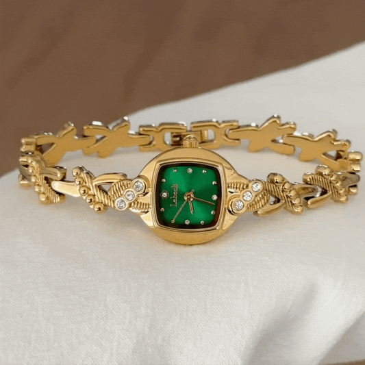 Vintage Square Green Dial Watch with Gold-Tone Case & Ornamental Vine-Inspired Alloy Bracelet