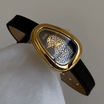 Black Genuine Leather Strap Quartz Watch with Gold Serpenti Case and Leopard Dial for Women
