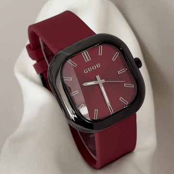 Urban Energy: Red Square Dial Watch with Black Square Bezel & Red Silicone Strap