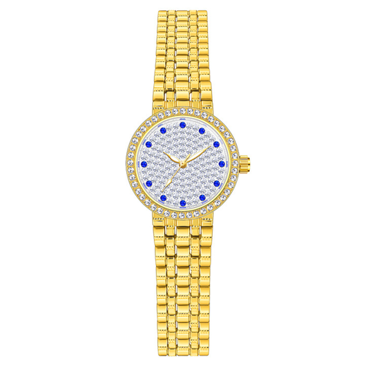 Elegant Diamond-Accented Watch: Round Silver Dial with Micro-Diamonds & Gold-Tone Bracelet