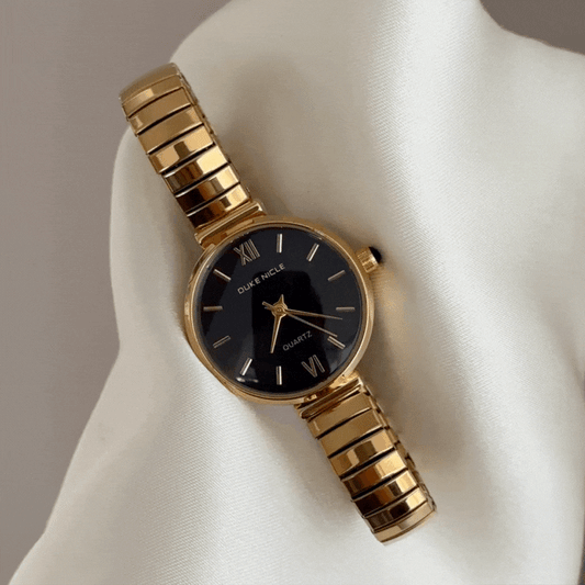 Daily Wear Watch: Black Dial, Gold Bezel & Comfort Fit Stretch Bracelet