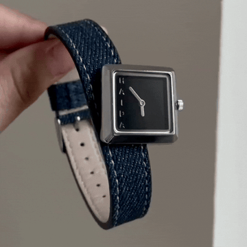 Denim Blue Strap Quartz Watch with Silver Square Case and Black Dial for Women