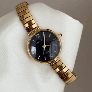 Daily Wear Watch: Black Dial, Gold Bezel & Comfort Fit Stretch Bracelet