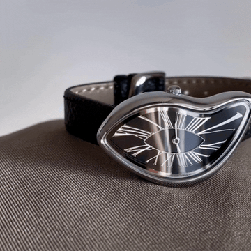 Black Genuine Leather Strap Quartz Watch with Silver Twisted Case and Black Dial for Women