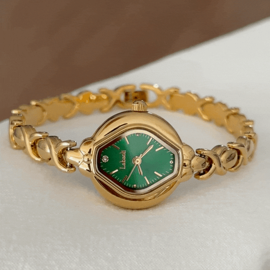 Vintage Style Rhombus Watch: Green Dial, Gold-Tone Alloy Case and Bracelet, Quartz Movement