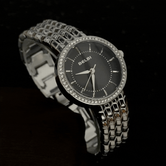 Modern Glamour:Black Diamond Dial Watch with Silver Bezel & Matching Bracelet