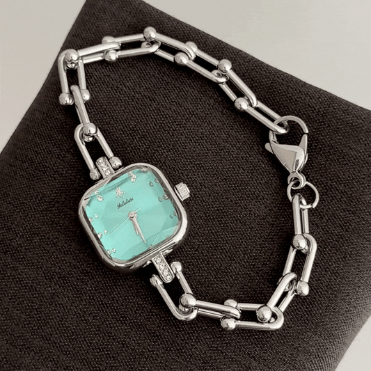 Urban Sophistication: Emerald Green Square Dial Watch with Silver Square Bezel & Bracelet