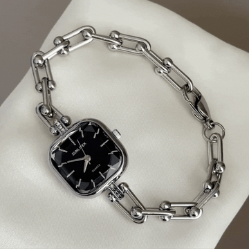 Modern Monochrome: Black Square Dial Watch with Silver Square Bezel & Bracelet