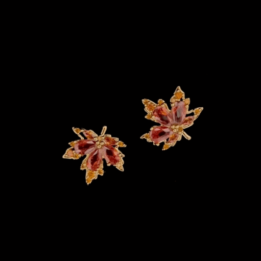 Red Maple Leaf Zircon Earrings – Sparkling Cubic Zirconia Studs, Autumn Jewelry Gift for Women