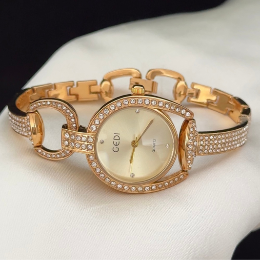 Gold Round Full Diamond Dial with Skeleton Bracelet - Luxury Quartz Watch