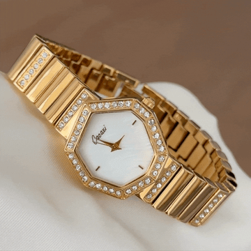 Geometric Art White Octagonal Irregular Dial Gold Diamond Quartz Watch