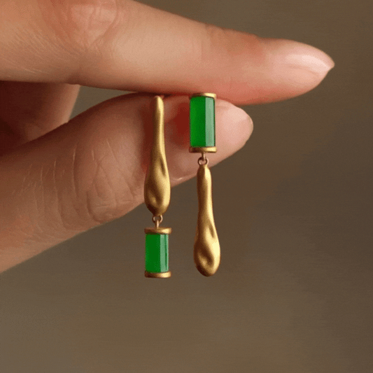 Asymmetric Green Gem Drop Earrings – Vintage Elegant Square & Teardrop Design, Retro Jewelry for Women