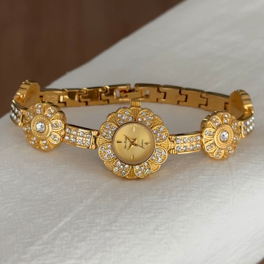 Vintage Floral Watch with Gold Dial, Diamond-Studded Frame & Alloy Bracelet
