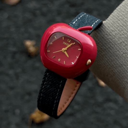 Christmas Limited Denim Strap Women’s Quartz Watch – Red Apple Dial Festive Design