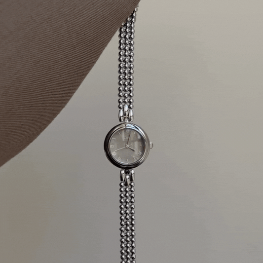 Silver Beaded Bracelet Quartz Watch with Round Grey Dial for Women