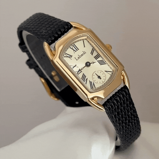 Executive Chic: Gold Rectangle Dial with Black Genuine Leather Strap