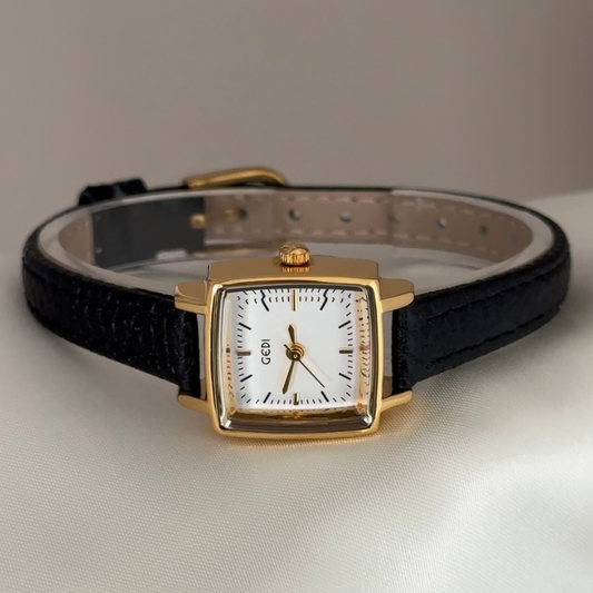 Luxury Commute Square Watch - White Dial Gold Vegan Leather Quartz