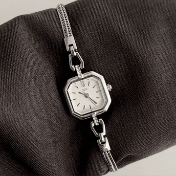 Toned Minimalism: Crisp White Rectangular Dial Watch with Slim Silver-Tone Bracelet
