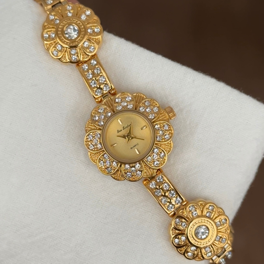 Vintage Floral Watch with Gold Dial, Diamond-Studded Frame & Alloy Bracelet