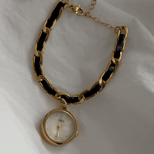 French Elegant Black & Gold Woven Bracelet Quartz Watch with Mother-of-Pearl Pendant Dial