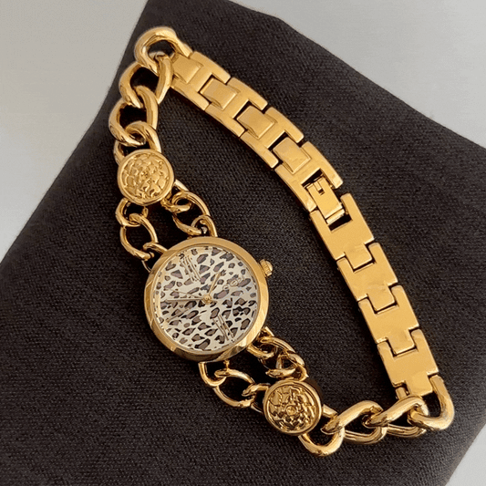 Vintage Glamour: Brown Leopard Print Round Dial Watch with Matching Bracelet