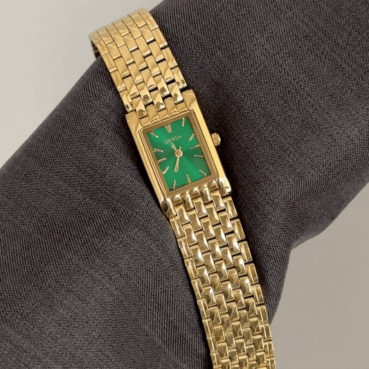 Bold Contrast: Green Rectangle Dial with Full Gold-Tone Bracelet