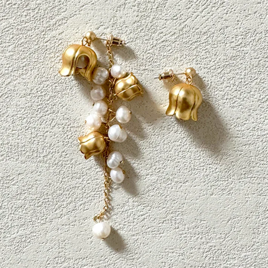 French Vintage Lily of the Valley Pearl Earrings – Asymmetric Design, S925 Silver Post, Freshwater Pearl & 18K Gold-Plated Brass
