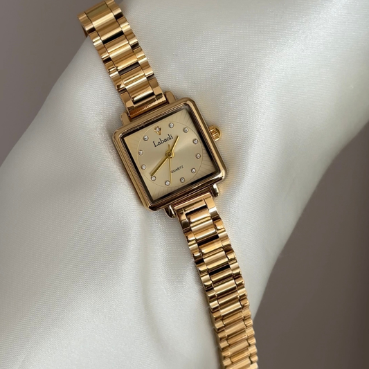 Modern Classic Watch: Full Gold Tone Square Dial & Stainless Steel Bracelet