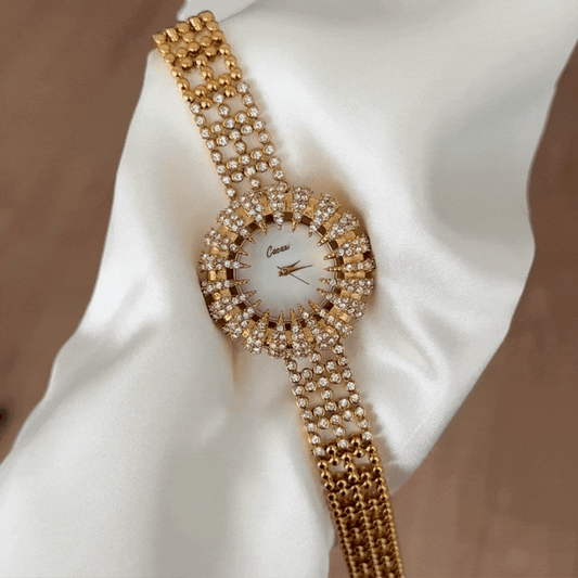 Gala White Round Diamond Watch with Gold Diamond Bezel - Quartz