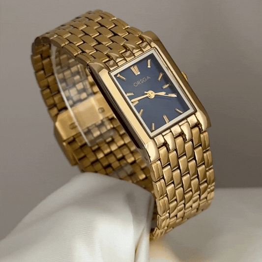 Navy Rectangle Watch with Matching Gold Bezel & Bracelet
