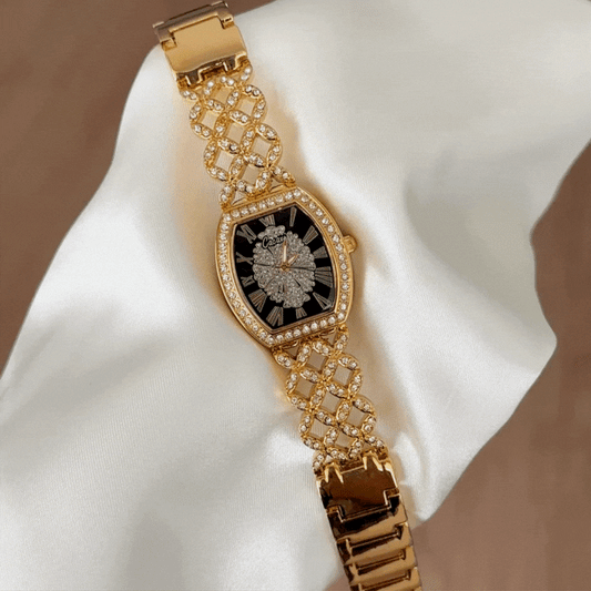 Urban Prestige Black Tonneau Dial with Center Diamonds & Gold Bezel - Quartz Watch