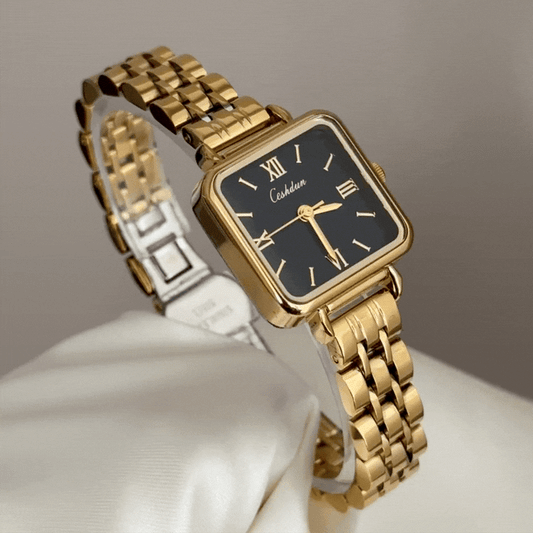 Defining Executive Chic: A Black Rectangle Dial Paired with a Gold-Tone Bracelet