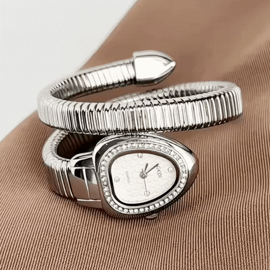 Luxury Silver Bangle Quartz Watch with Serpenti Diamond Accent and White Dial for Women