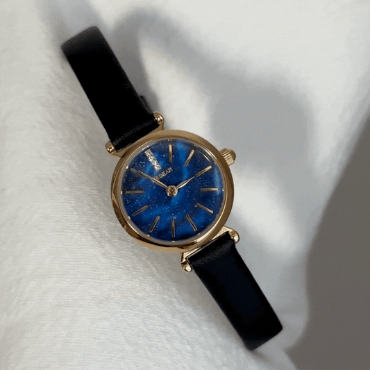 Classic Gold Case Watch with Navy Blue Dial and Black Genuine Leather Strap