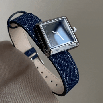 Denim Blue Strap Quartz Watch with Silver Square Case and Black Dial for Women