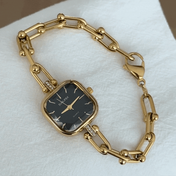 Vintage Style Square Watch with Black Dial, Gold Case & Alloy Bracelet