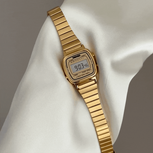 Digital Gold Square Electronic Watch with Stainless Steel Bracelet - Modern Tech