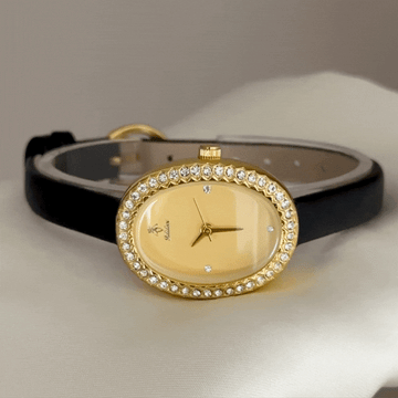 Classic Luxury Gold Oval Dial Watch – Gold Diamond Bezel & Black Leather Strap Quartz