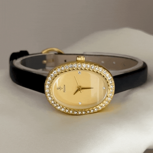 Classic Luxury Gold Oval Dial Watch – Gold Diamond Bezel & Black Leather Strap Quartz