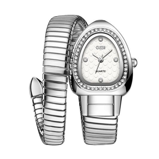 Luxury Silver Bangle Quartz Watch with Serpenti Diamond Accent and White Dial for Women