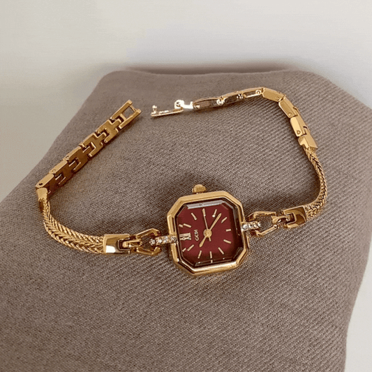 Modern Luxe: Bold Red Rectangular Dial Watch with Slim Gold-Tone Bracelet